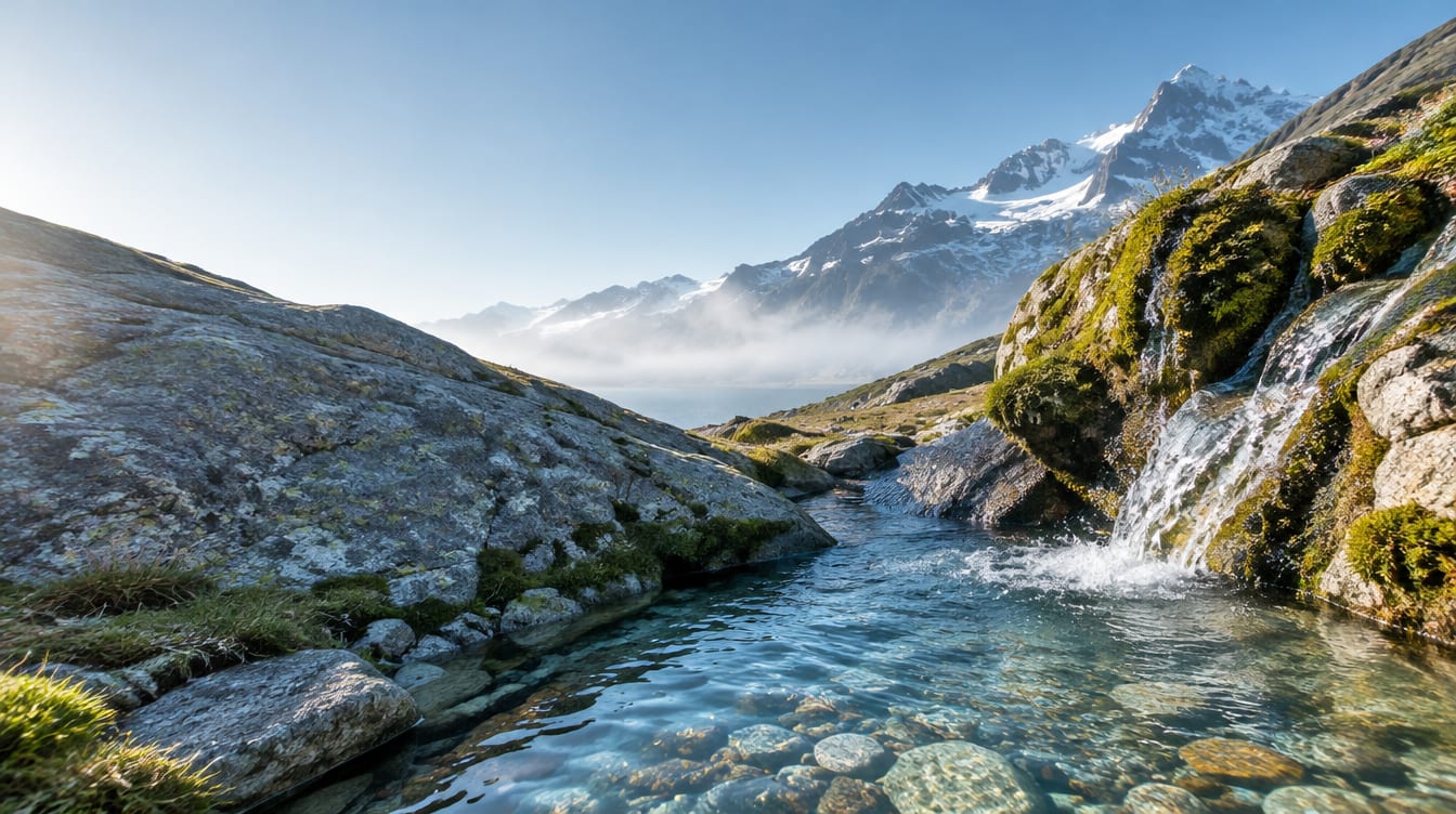 Bergquelle im Morgenlicht, Wasser fließt über Steine ins Tal