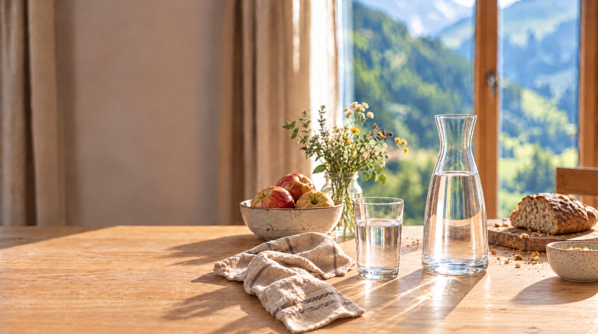 Breakfast table by the window with a view of the mountains, a glass of water next to the glass carafe