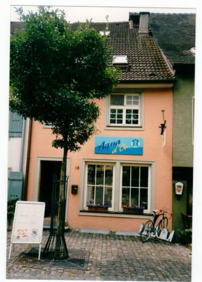 Ein farbenfrohes zweistöckiges Gebäude mit einem Baum im Vordergrund, einem vor dem Haus geparkten Fahrrad und einem Schild, das auf ein Geschäft oder eine Einrichtung im Erdgeschoss hinweist.