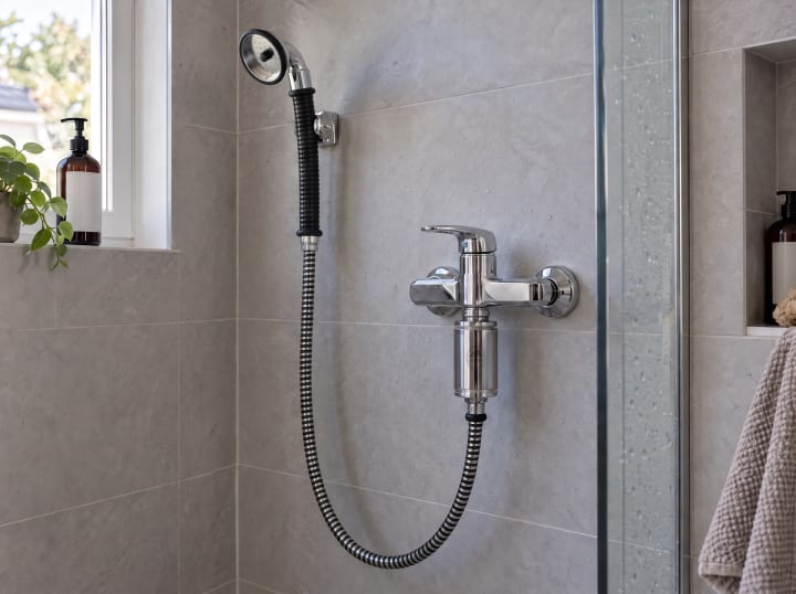 Dusche im Bad: MAUNAWAI Duschfilter direkt unter der Armatur, Schlauch und Handbrause