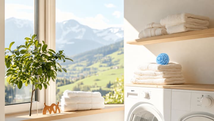 Heller Waschraum mit Blick auf die Berge, ein Bio-Waschball liegt auf den Handtüchern