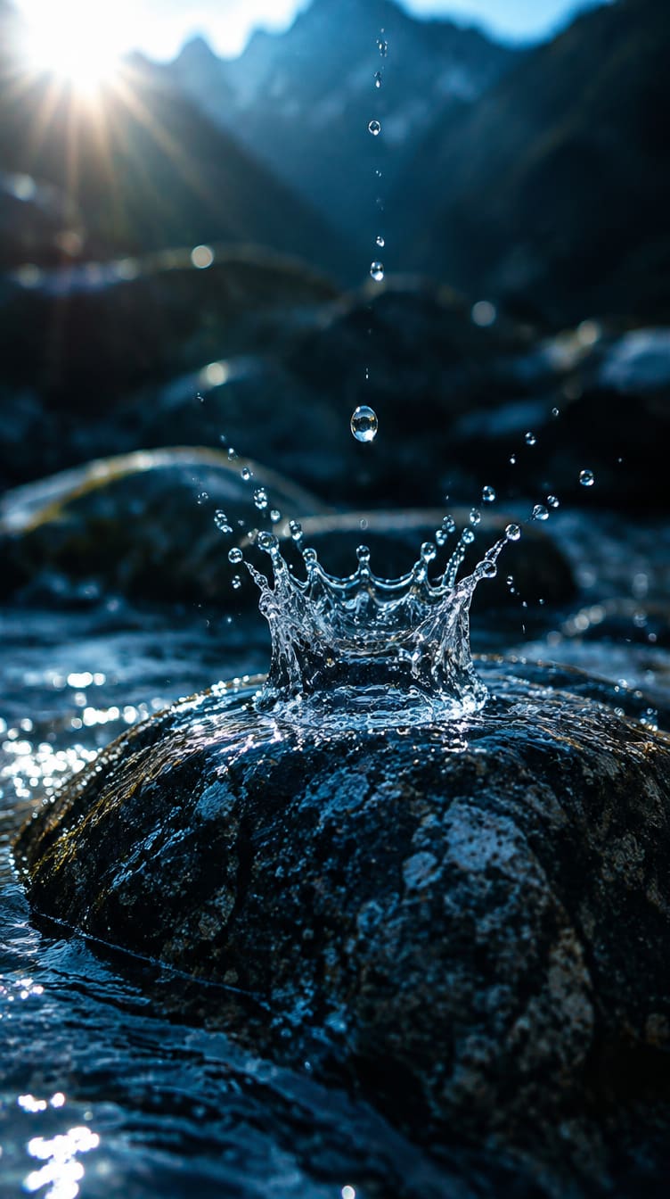 Ein Wassertropfen trifft auf einen Stein im Bergbach