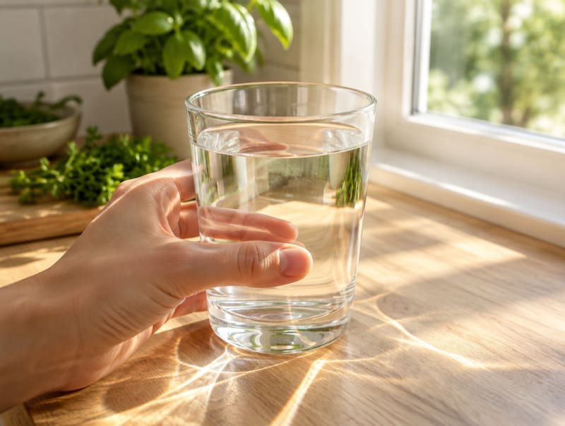 Glas mit klarem Wasser im Morgenlicht