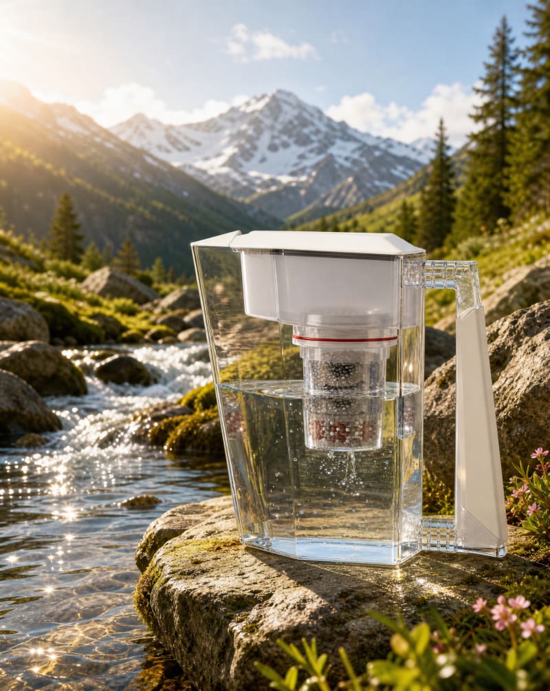 Kini Wasserfilterkanne auf einem Stein an einem Bergbach