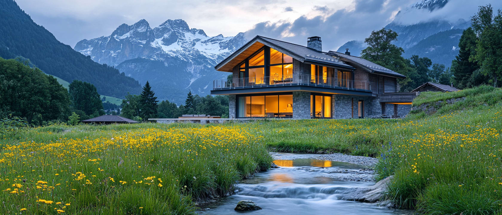 Une cabane en bois confortable nichée dans une prairie luxuriante, entourée de montagnes enneigées imposantes et d'un ruisseau au premier plan.