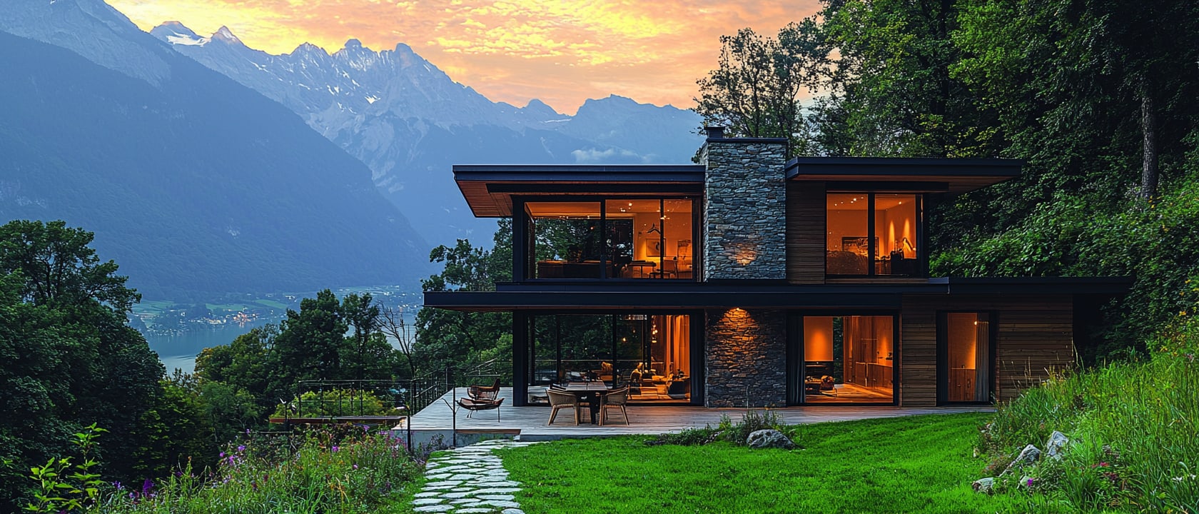 Ein modernes Haus aus Holz und Stein, eingebettet in eine üppig grüne Landschaft mit hoch aufragenden Bergen im Hintergrund, getaucht in das warme Licht der untergehenden Sonne.