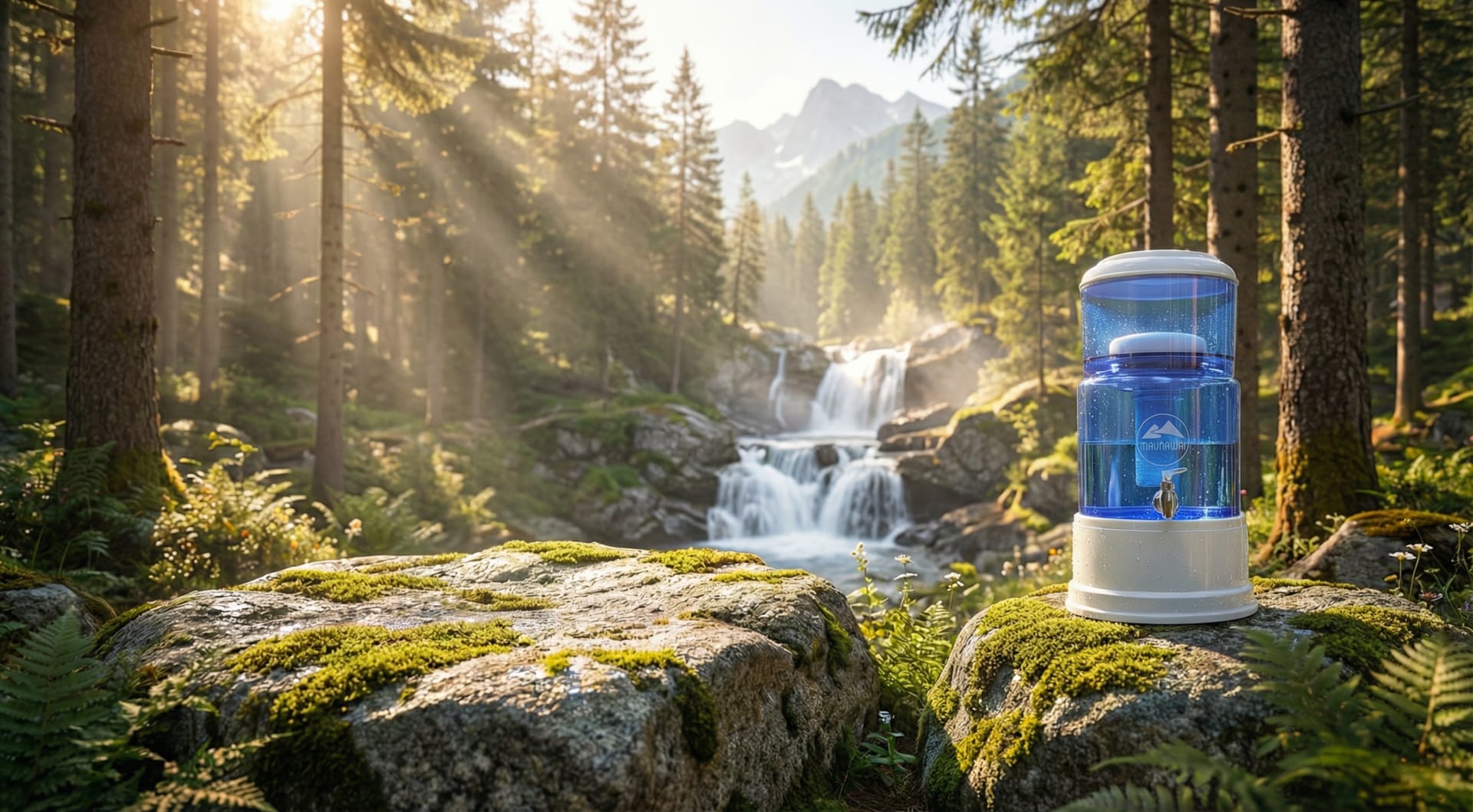 A serene forest landscape with a cascading waterfall in the background, and a water filter in the foreground resting on a moss-covered rock.