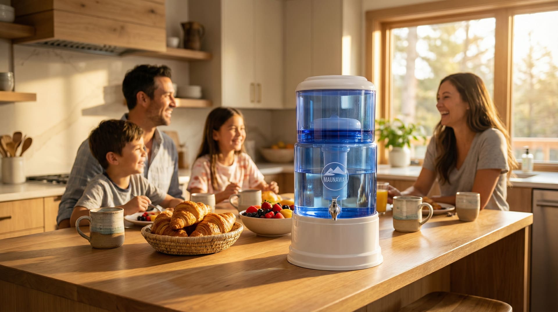 Eine vierköpfige Familie sitzt in einer gemütlichen Küche zusammen und genießt gemeinsam eine Mahlzeit, während ein MAUNAWAI PiPrime Gravitations-Wasserfilter prominent auf der Arbeitsplatte steht.