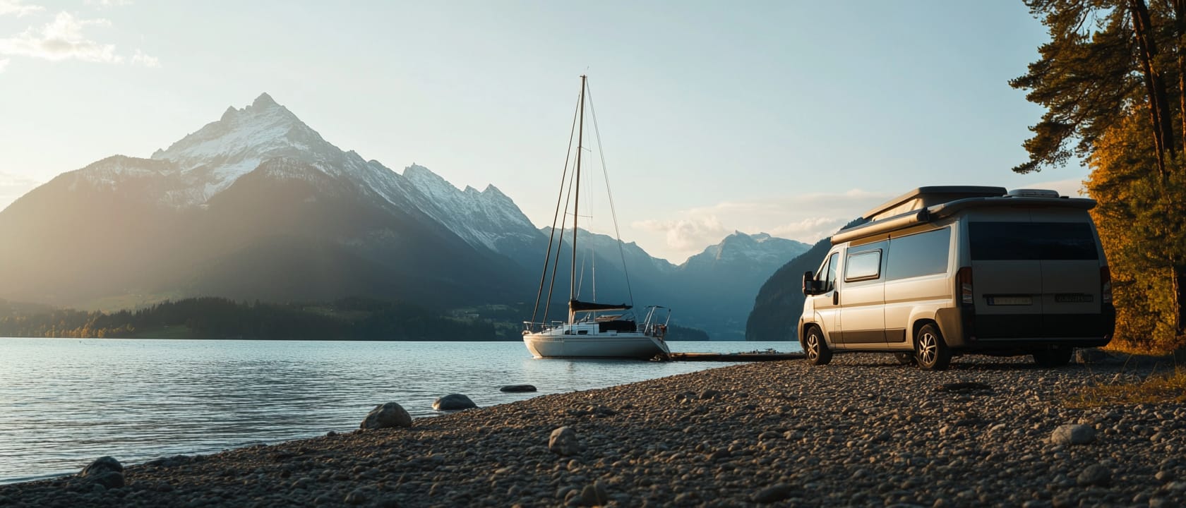 Un voilier flotte sur un lac paisible entouré de majestueuses montagnes enneigées, avec un camping-car garé sur la rive rocheuse au premier plan.
