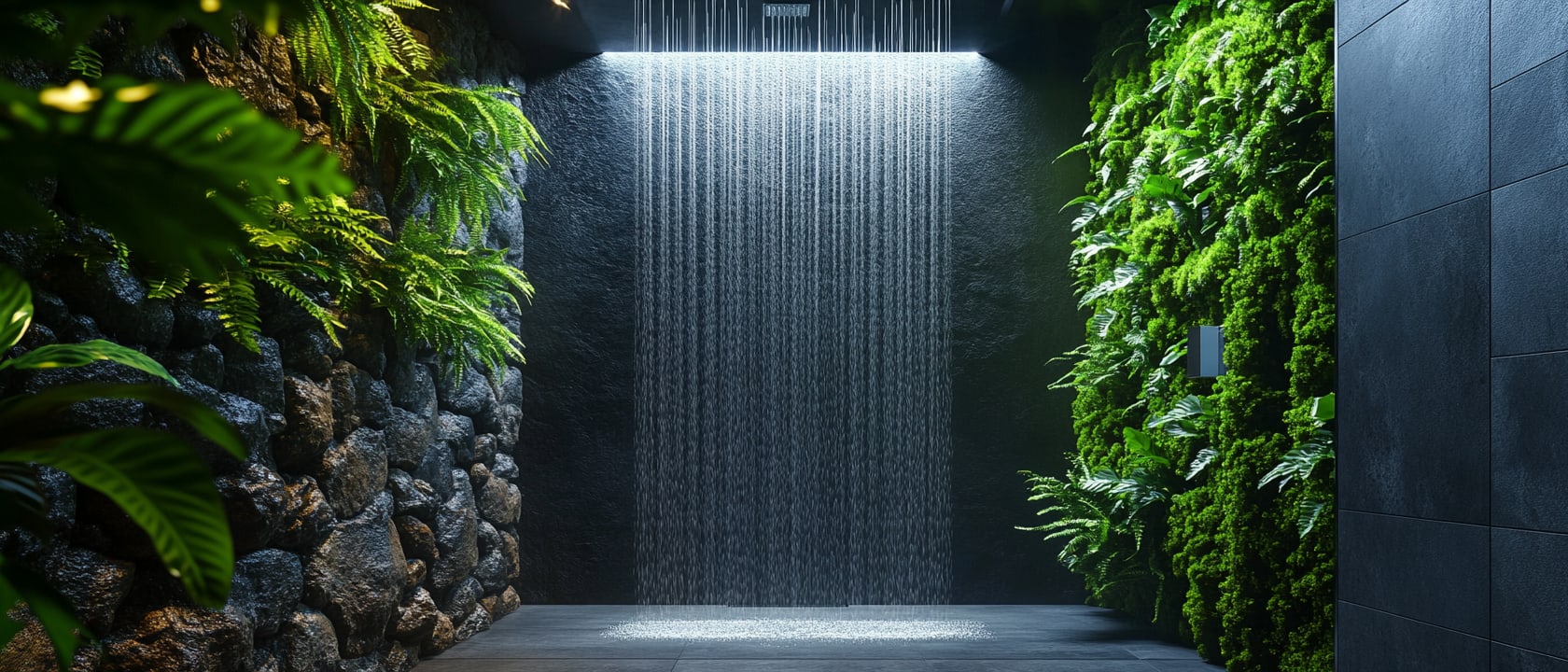 Une douche extérieure paisible et luxuriante, entourée d'une végétation verdoyante et d'une cascade, offrant une expérience naturelle immersive et apaisante.