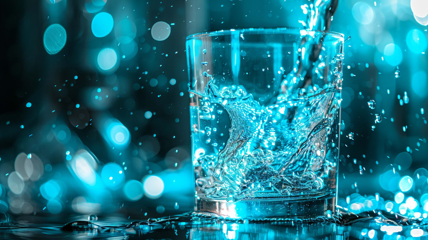 A glass filled with sparkling water or liquid, surrounded by a blurred, twinkling, and vibrant teal-colored background.