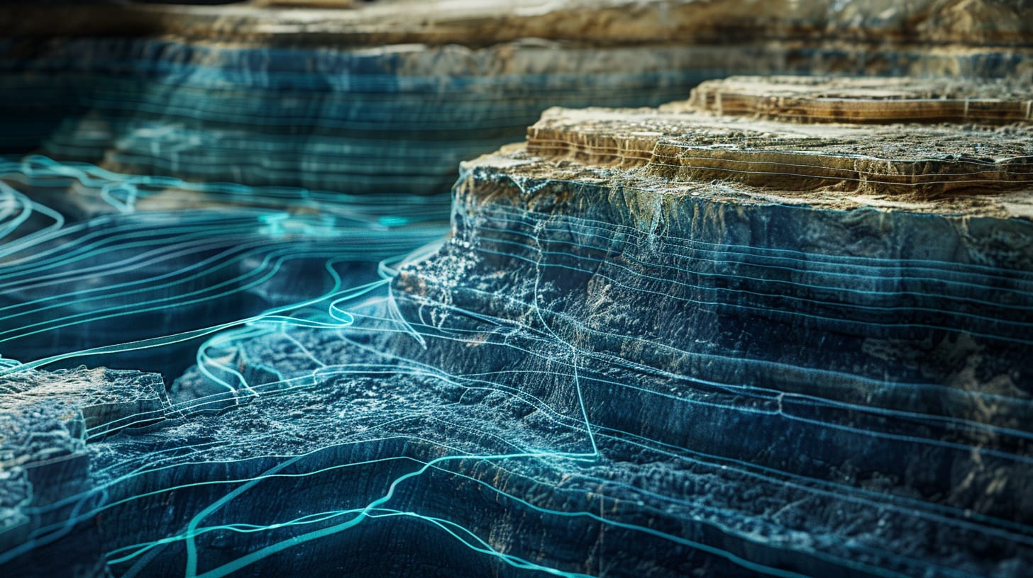 Rugged, layered rock formations emerge from a swirling, ethereal pool of vibrant blue and turquoise hues, creating a captivating and otherworldly landscape.