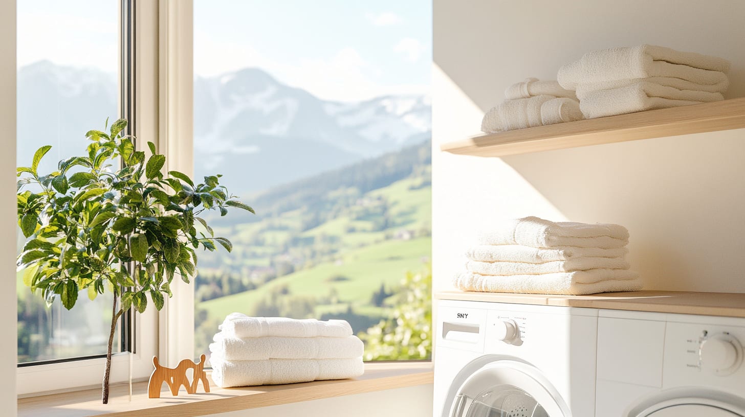Ein gemütlicher Waschraum mit einem großen Fenster, das einen malerischen Blick auf die Berglandschaft bietet, mit ordentlich gefalteten Handtüchern und einer Topfpflanze auf der Fensterbank.