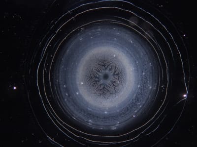 Ein dunkler Hintergrund umrahmt ein kreisförmiges, sternförmiges Muster aus weißen und blauen Elementen im Vordergrund.