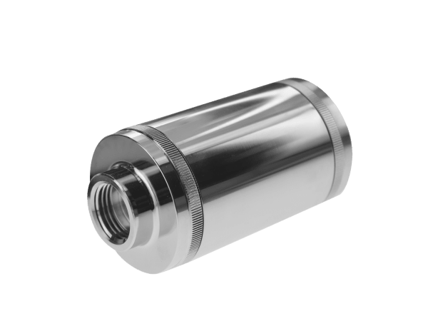 A stainless steel cylinder with a threaded end and a knurled surface, set against a plain white background.