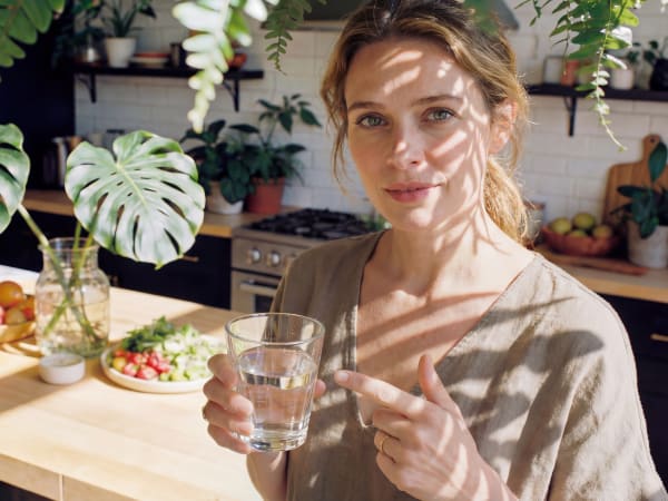 Une femme se tient dans une cuisine, un verre d'eau à la main, entourée d'une végétation luxuriante et de divers fruits et légumes posés sur le plan de travail.