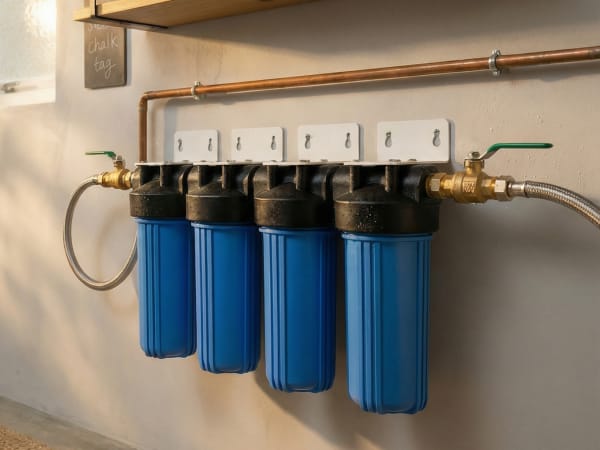 Das Bild zeigt ein an der Wand montiertes Wasserfiltersystem MAUNAWAI Peka 10 mit vier blauen Filterpatronen, einem Holzregal und einer Topfpflanze im Hintergrund.