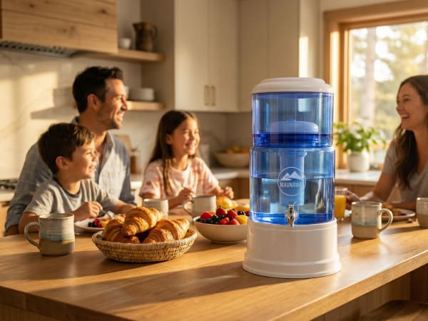 A family of four is gathered in a cozy kitchen, enjoying a meal together with a water dispenser prominently placed on the counter.