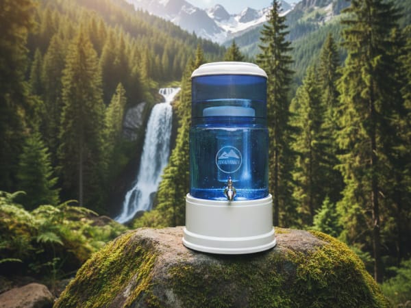 Un distributore di acqua filtrata è posizionato su una roccia ricoperta di muschio in primo piano, con una foresta lussureggiante e una maestosa cascata sullo sfondo.