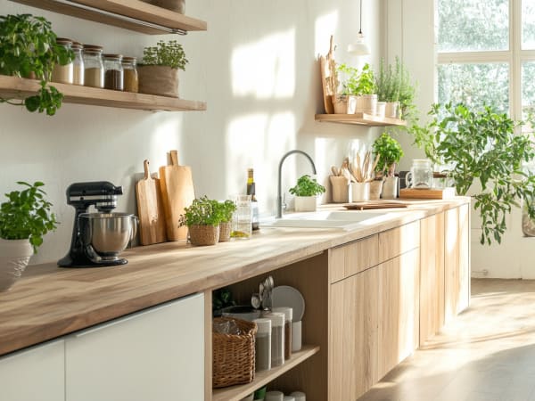 Une cuisine lumineuse et aérée avec des plans de travail en bois, des étagères, divers ustensiles de cuisine et des plantes, ainsi qu'une grande fenêtre donnant sur un espace extérieur verdoyant.