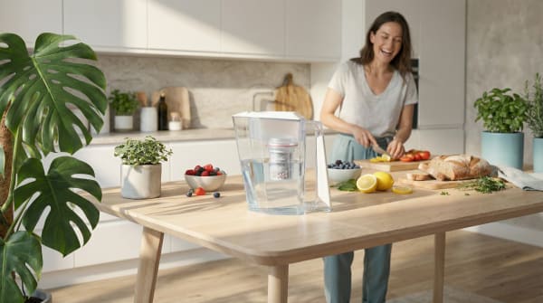 A woman stands in a bright, modern kitchen surrounded by various fruits, vegetables, and kitchen appliances on a wooden table.