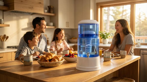 Une famille de quatre personnes est réunie dans une cuisine confortable, partageant un repas ensemble, avec un distributeur d'eau bien en vue sur le comptoir.
