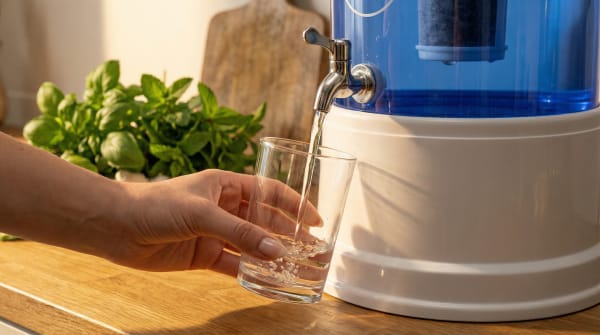 Eine Hand füllt ein Glas mit Wasser aus einem MAUNAWAI PiPrime Gravitations-Wasserfilter, im Hintergrund sind frische Kräuter auf einer Holzfläche zu sehen.