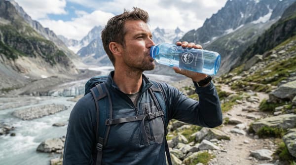 A man in hiking gear is drinking from a water bottle while standing in a rugged, mountainous landscape with a river in the background.
