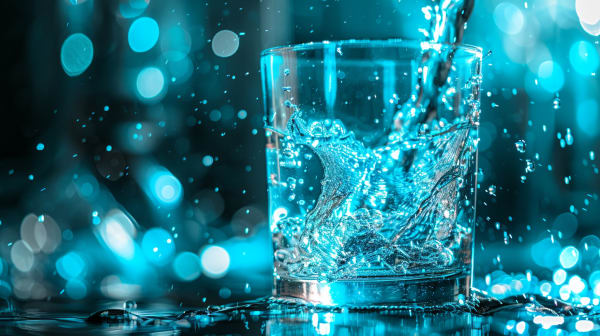 Ein Glas, gefüllt mit sprudelndem Wasser oder einer Flüssigkeit, umgeben von einem verschwommenen, funkelnden und lebhaften blaugrünen Hintergrund.