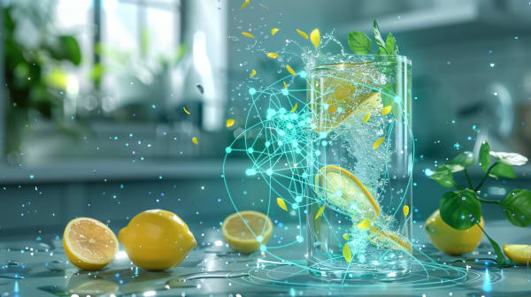 Un verre rempli d'eau pétillante, de tranches de citron et d'un tourbillon de lumière et d'énergie, sur fond vert flou.
