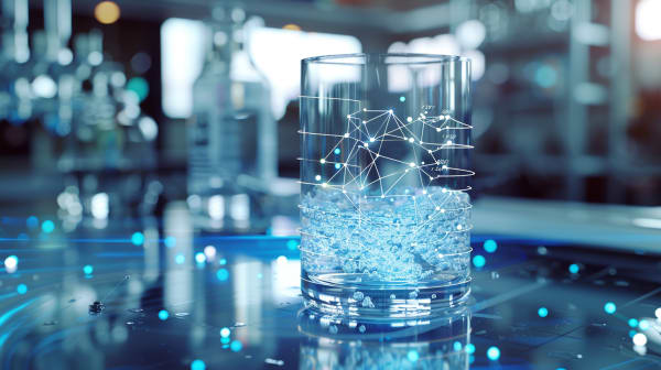 Un bicchiere pieno di cubetti di ghiaccio e un display olografico di linee e punti interconnessi, su uno sfondo sfocato e poco illuminato.