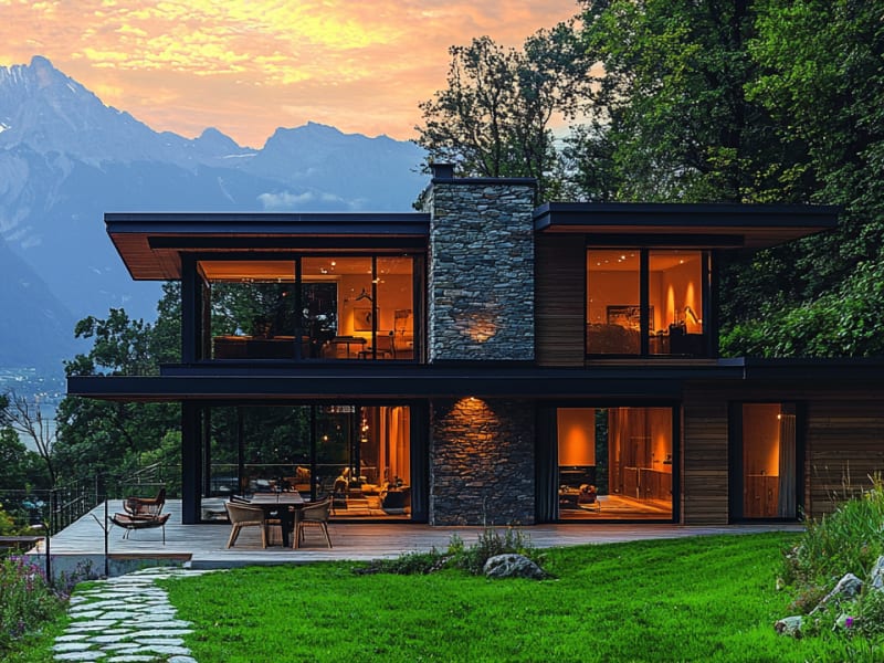 Une maison moderne en bois et en pierre nichée dans un paysage verdoyant et luxuriant, avec de hautes montagnes en arrière-plan, baignée dans la lumière chaude du soleil couchant.