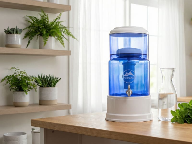 Ein blauer Wasserfilter-Spender steht auf einer Holztheke, umgeben von verschiedenen Topfpflanzen und Regalen mit Dekorationsartikeln in einer hellen, luftigen Küchenumgebung.