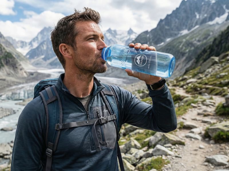Un homme en tenue de randonnée boit à une bouteille d'eau, debout dans un paysage montagneux accidenté, avec une rivière en arrière-plan.