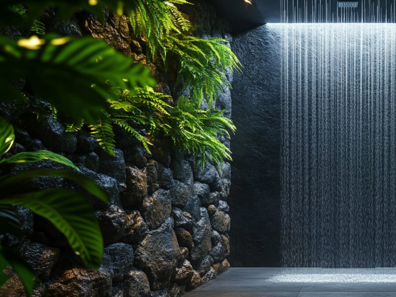 A serene, lush outdoor shower surrounded by verdant foliage and cascading water, creating a tranquil and immersive natural experience.
