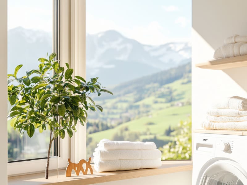 A cozy laundry room with a large window overlooking a picturesque mountain landscape, featuring neatly folded towels and a potted plant on the windowsill.